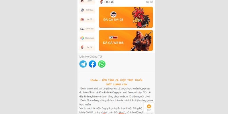 Cá cược đá gà tại 13WIN cung cấp đầy đủ những sòng gà uy tín